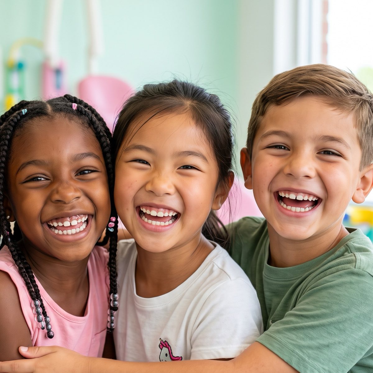 Three children laughing together in a bright, colorful pediatric dental office at Bien Dental in Beaverton, Oregon